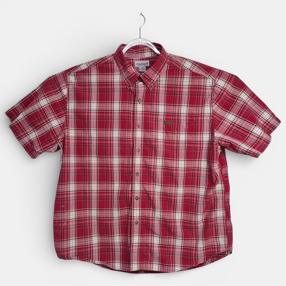 Carhartt Mens 2XL Red Plaid Short Sleeve Button Down Cotton Work Shirt